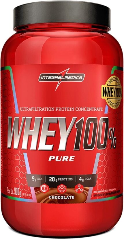 Whey Protein Concentrado Chocolate 100% Pure - 21g de Proteína por Scoop, Suplementação Alimentar Pós-Treino, Fórmula Enriquecida com BCAAs - Pote 900